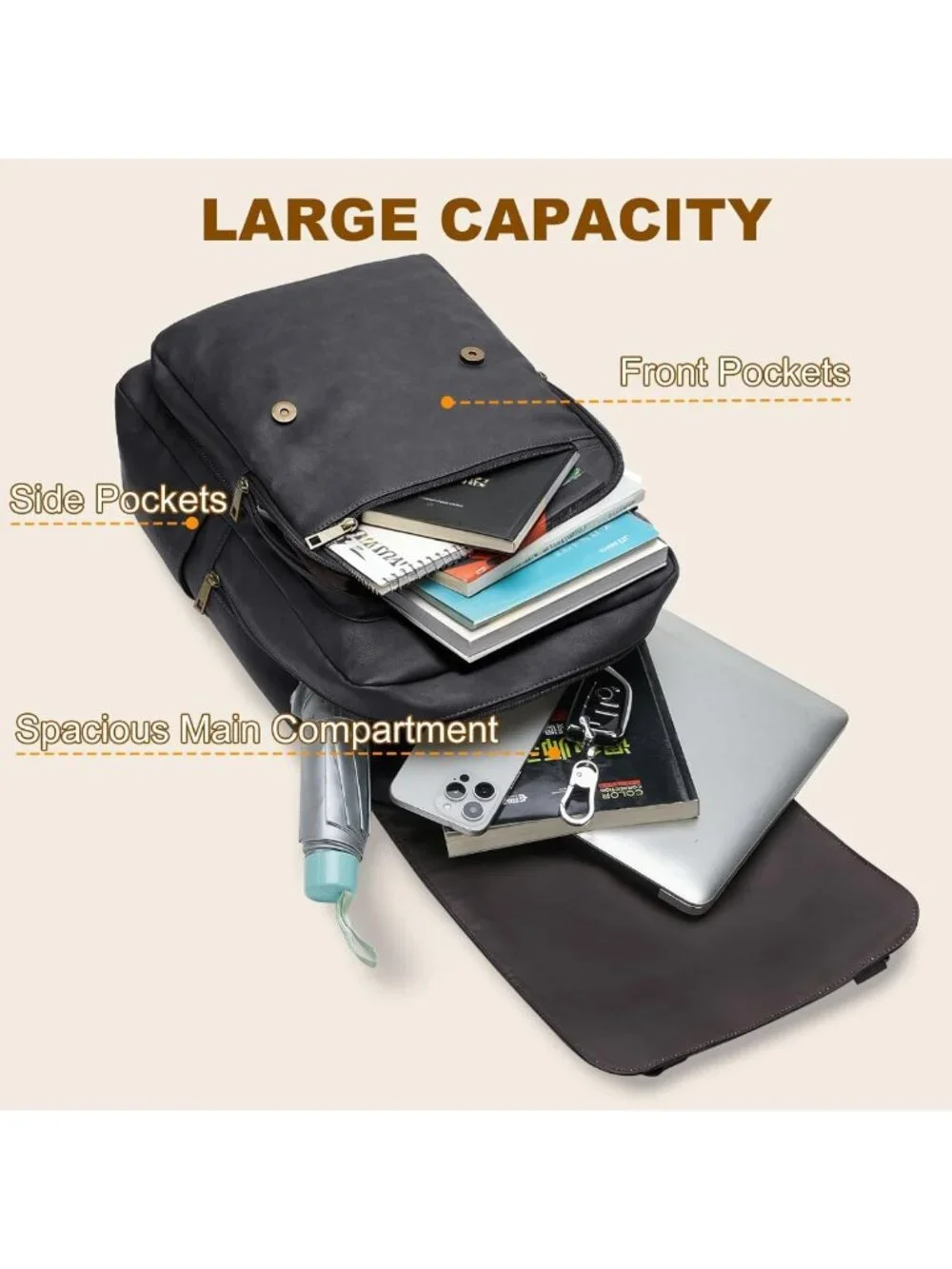 Vintage Waterproof Leather Backpack for Men & Women, 15.6